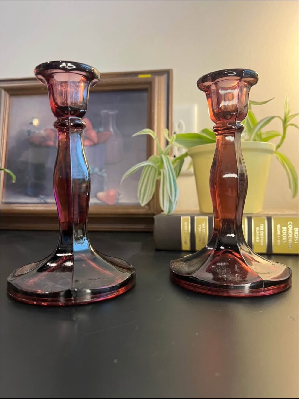 Amethyst Purple Glass Candlestick Pair